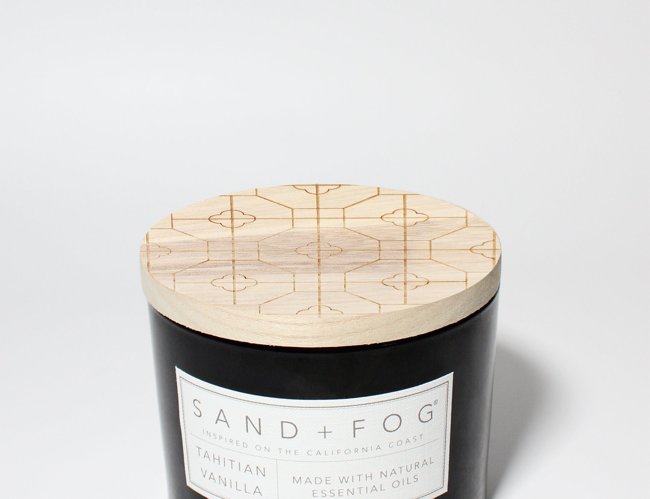 Tahitian Vanilla 12 oz scented candle Black vessel with Carved geometric lid