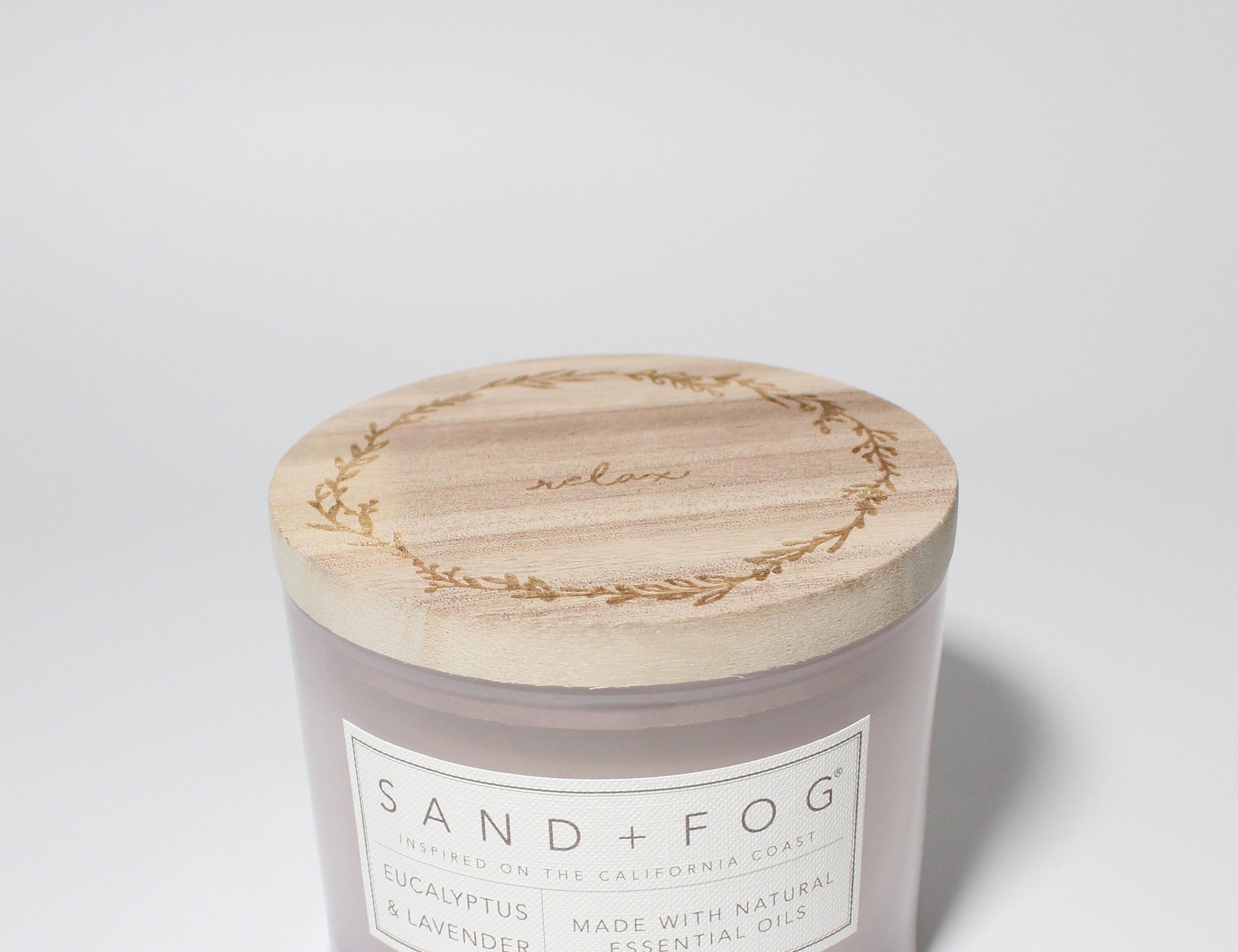 Eucalyptus & Lavender 12 oz scented candle Light purple vessel with "relax" carved lid