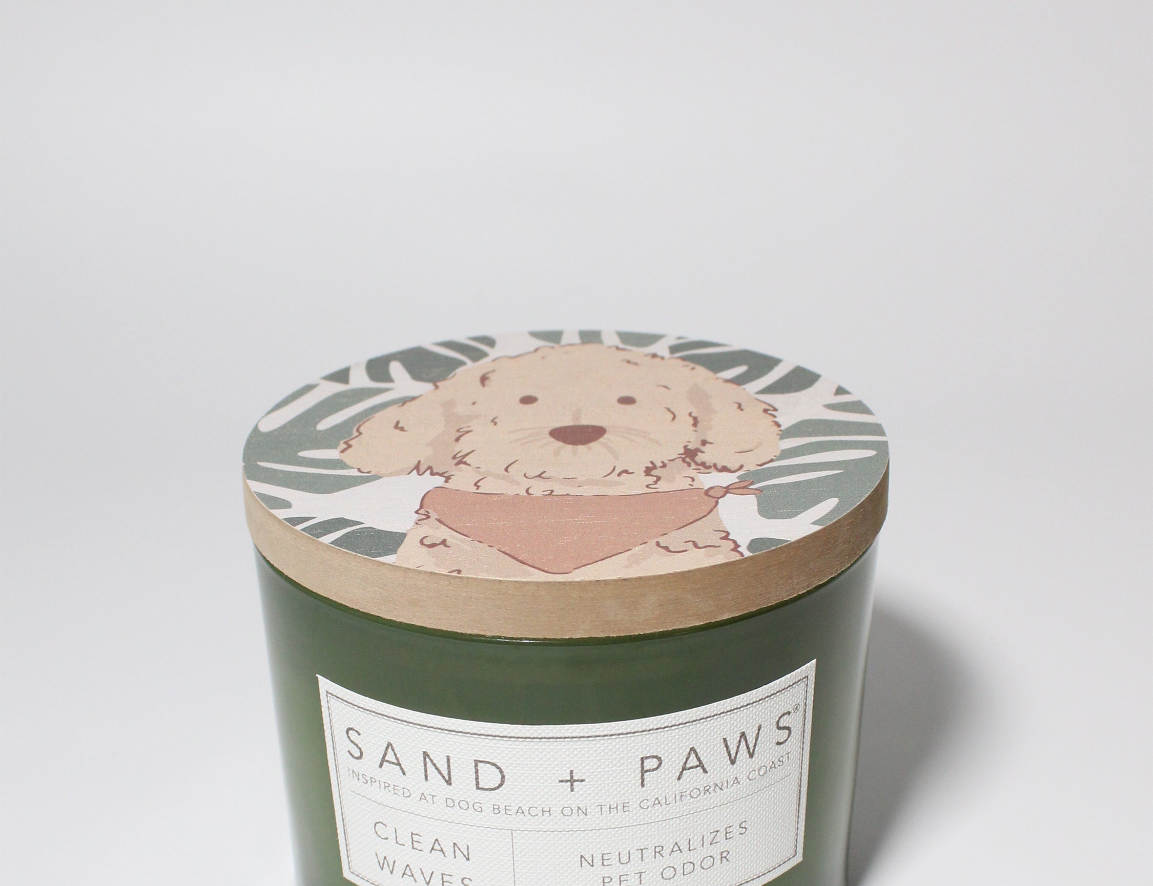 Sand + Paws Clean Waves 12 oz scented candle Kale vessel with Golden Doodle painted lid
