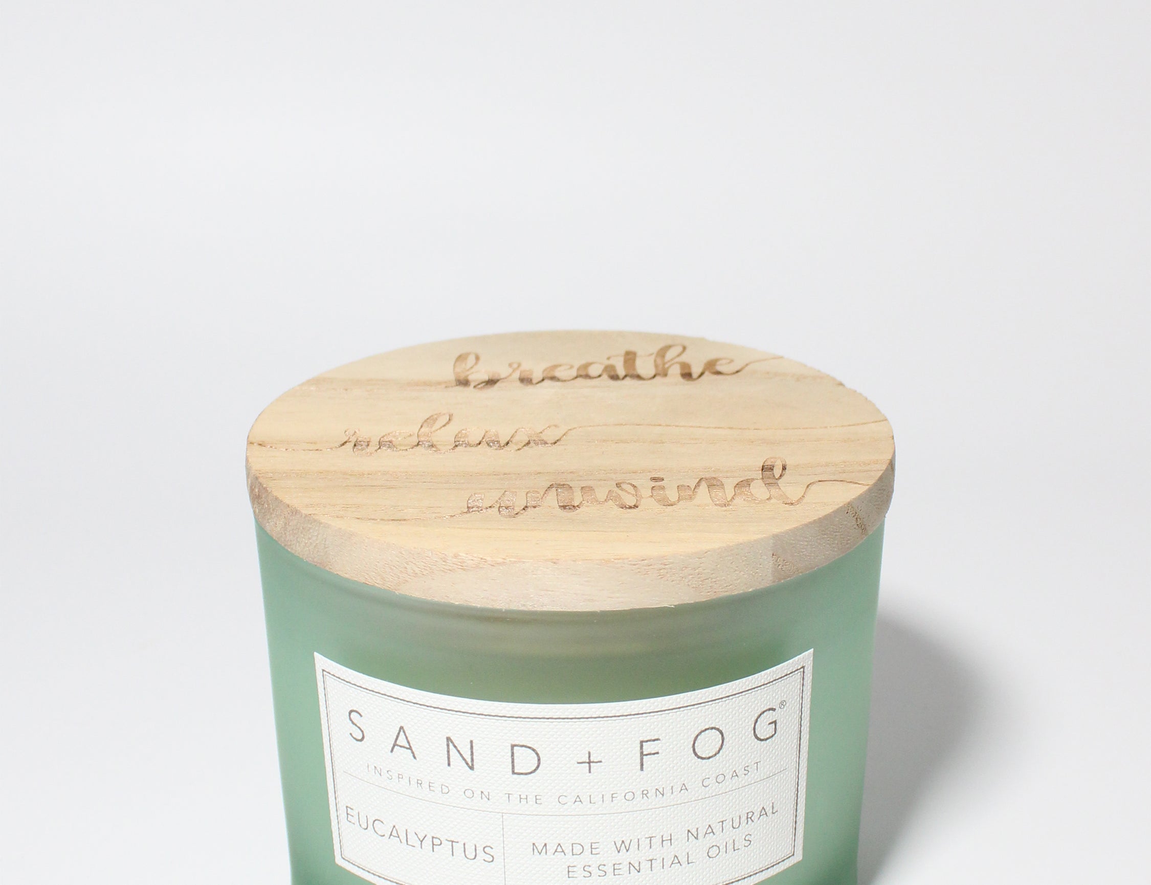 Eucalyptus 12 oz scented candle Sea Foam vessel with breathe relax unwind lid
