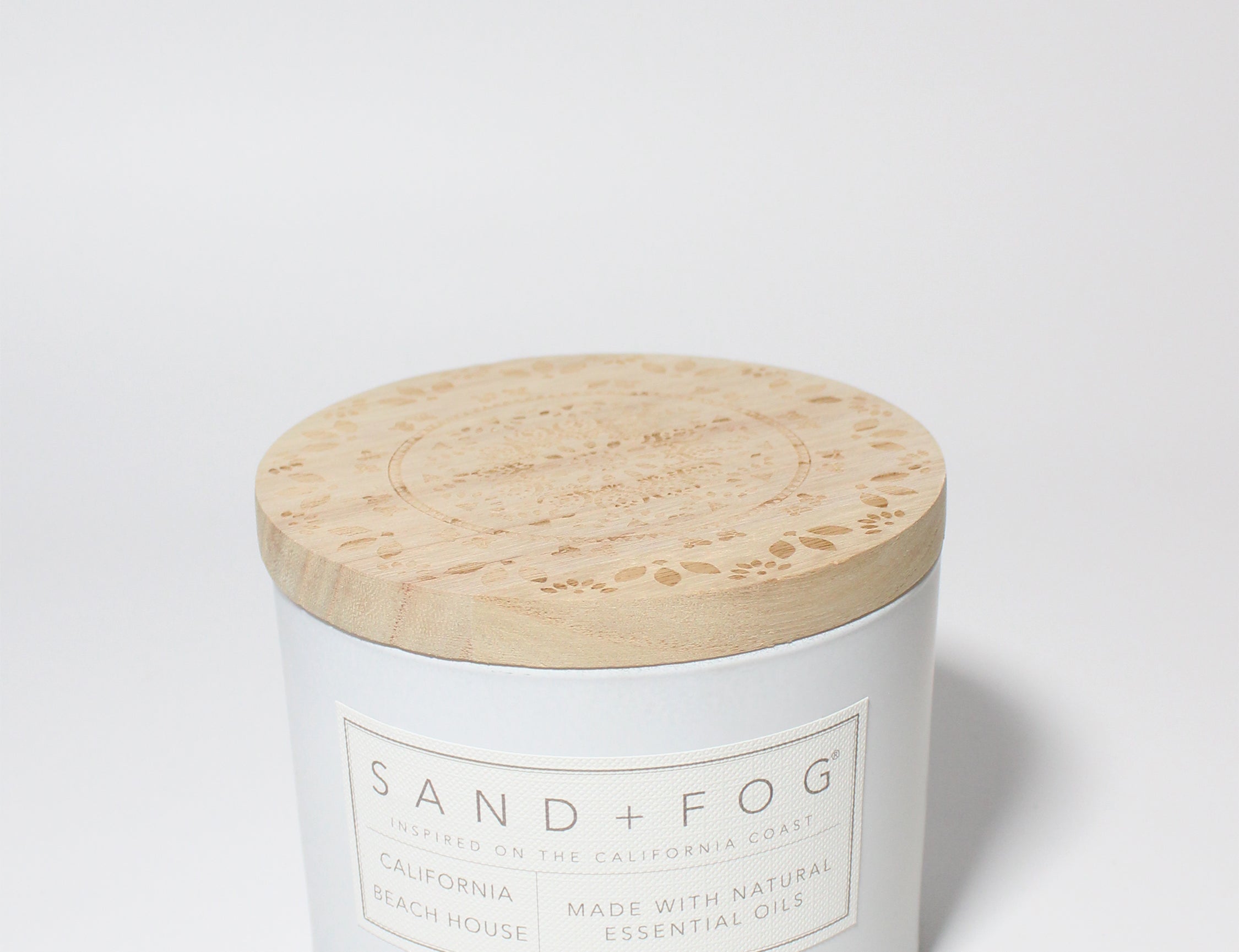California Beach House 12 oz scented candle White vessel with Carved Mandala lid
