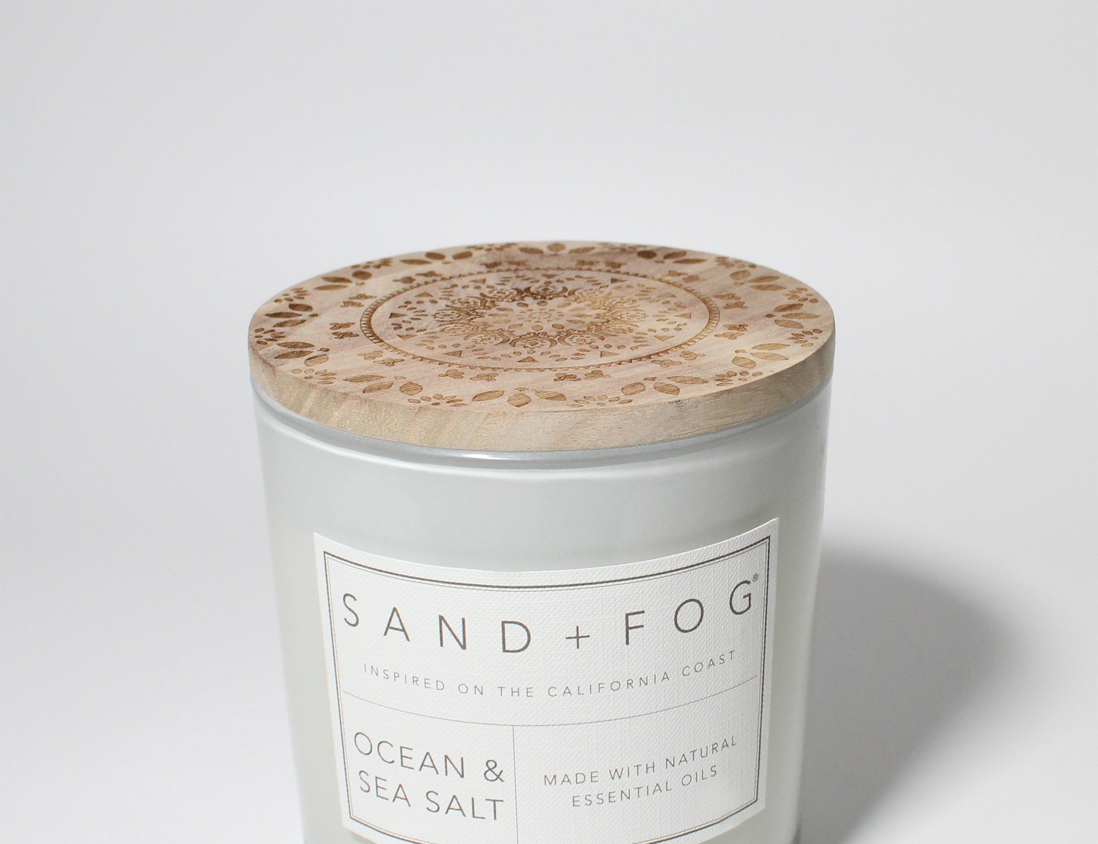 Ocean & Sea Salt 21 oz scented candle White vessel with Mandala carved top