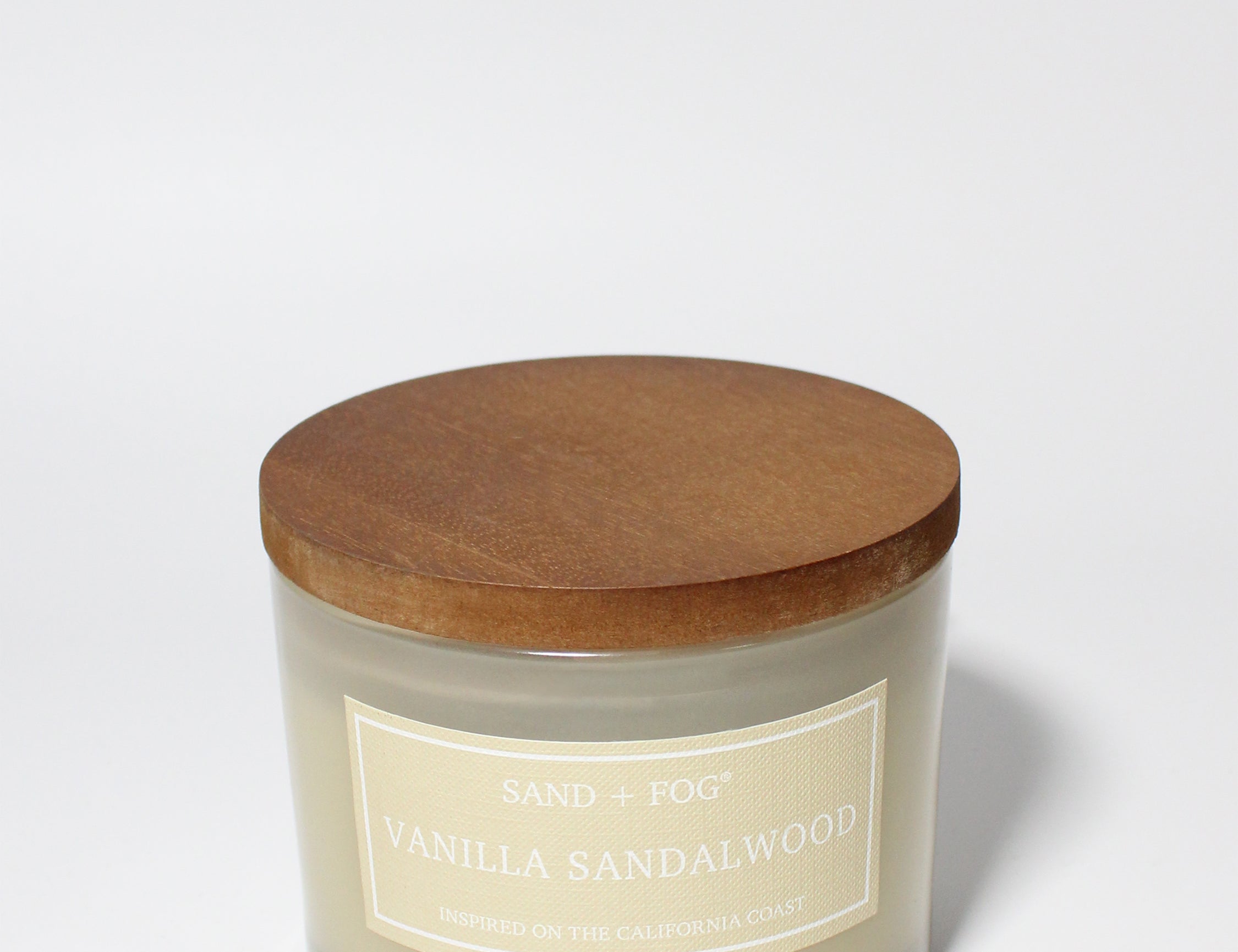 Vanilla Sandalwood 12 oz scented candle Flax vessel with wood lid