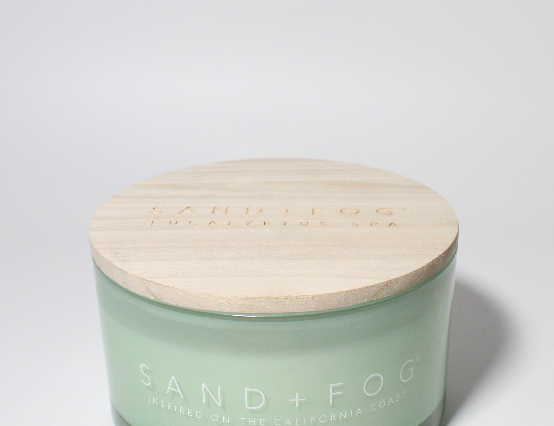 Eucalyptus Spa 23 oz scented candle Seafoam vessel with Sand+Fog wood lid