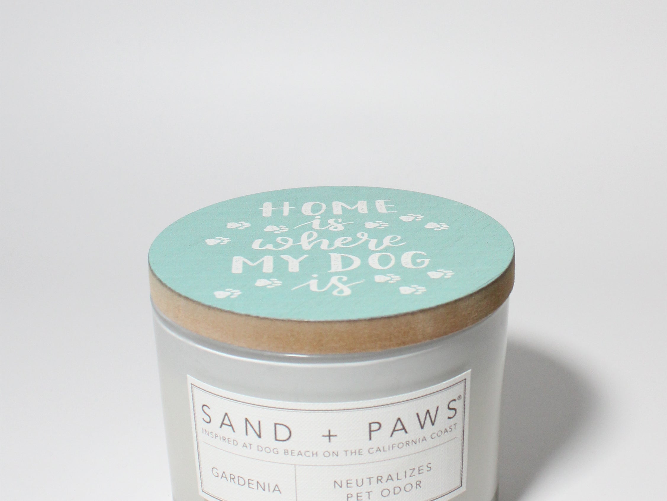 Sand + Paws Gardenia 12 oz scented candle White Vessel with Painted Home is Where my Dog Is lid