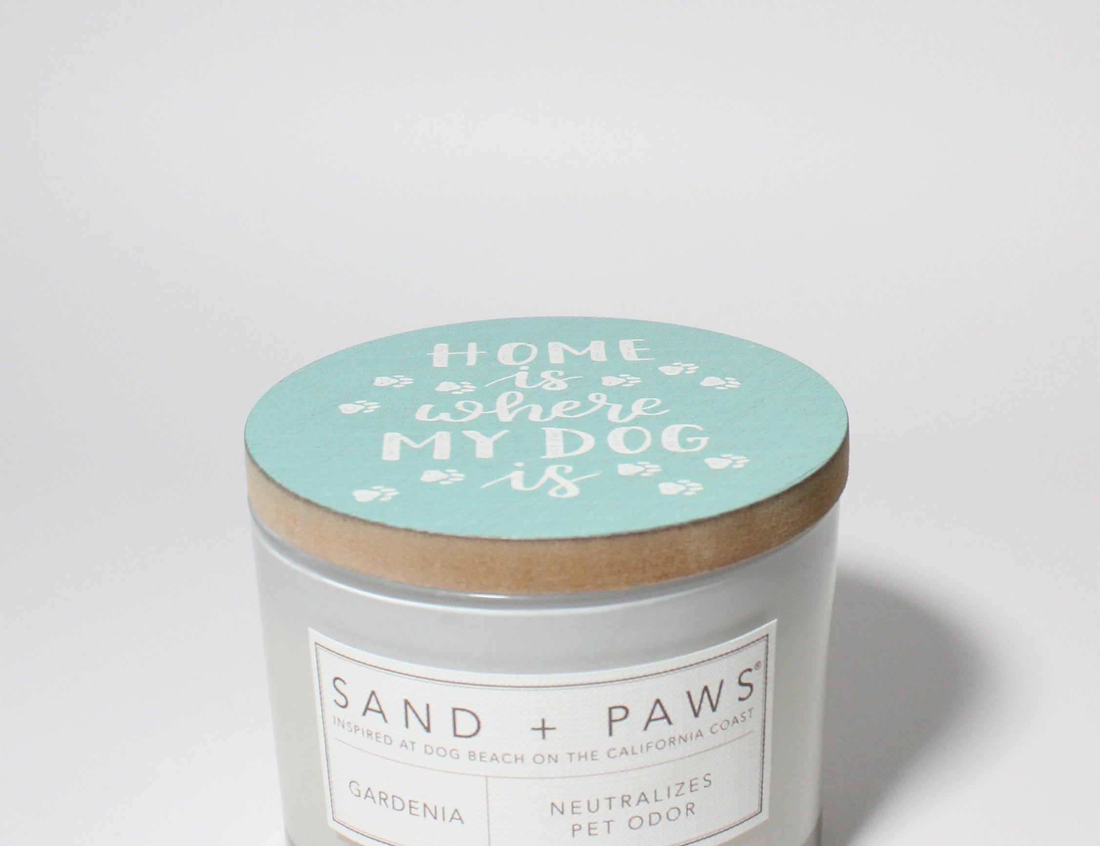 Sand + Paws Gardenia 12 oz scented candle White Vessel with Painted Home is Where my Dog Is lid