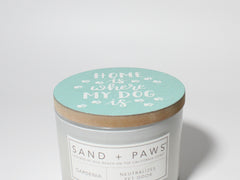 Sand + Paws Gardenia 12 oz scented candle White Vessel with Painted Home is Where my Dog Is lid