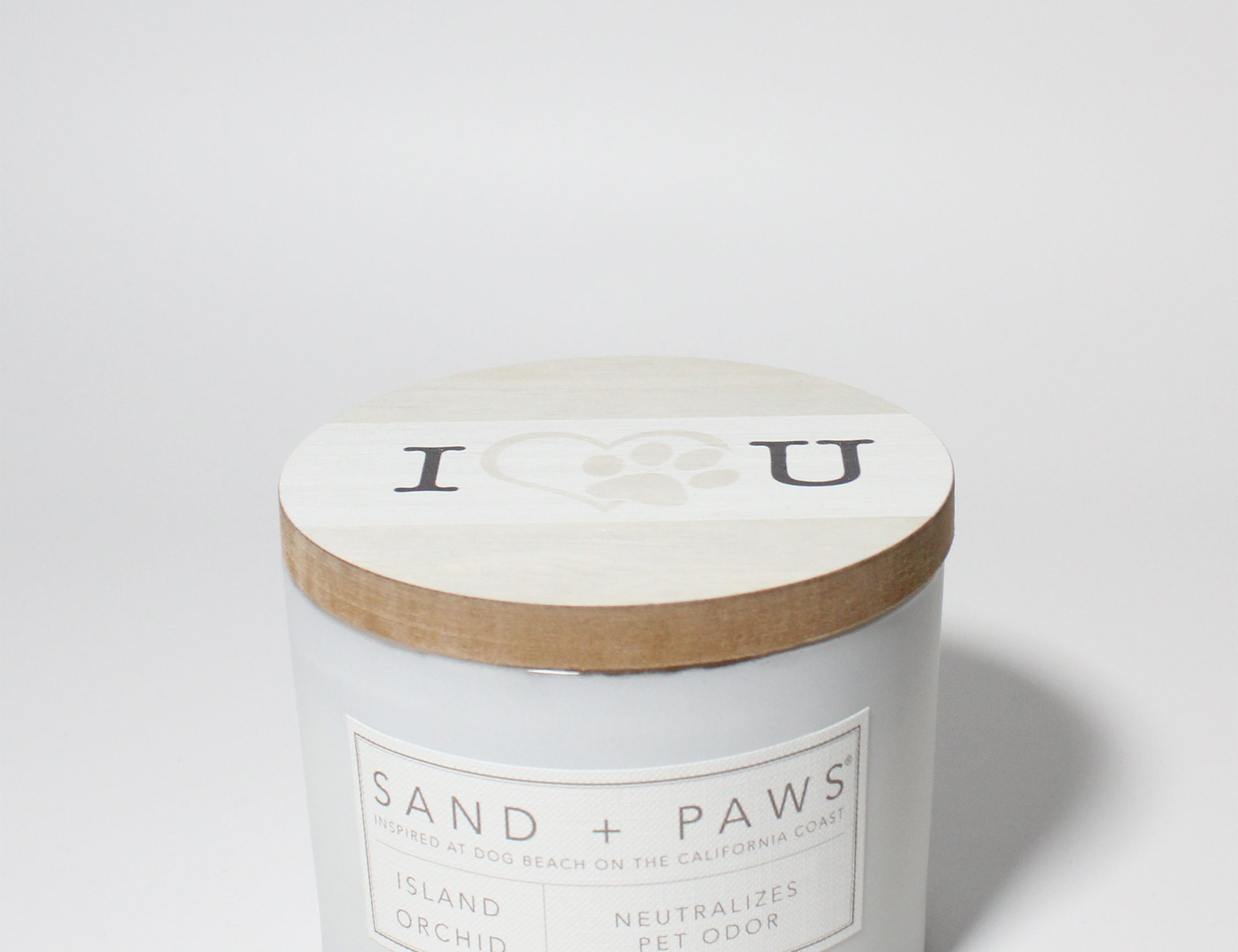 Sand + Paws Island Orchid 12 oz scented candle White Vessel with Painted I heart U lid