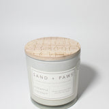 Sand + Paws Pineapple Coconut 21 oz scented candle White vessel with Multi-Breed carved wood lid