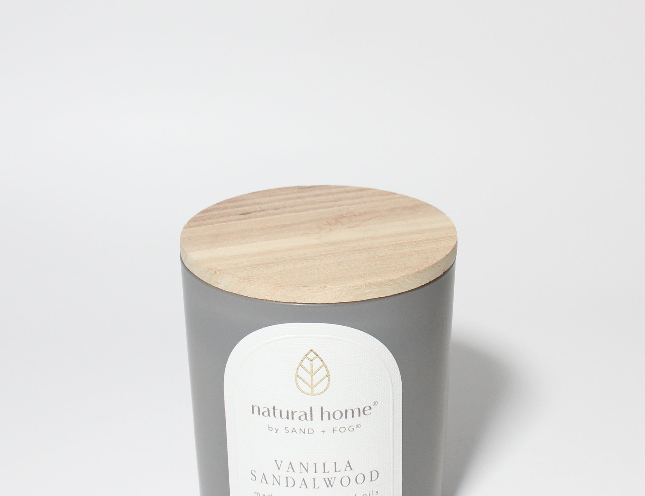 Vanilla Sandalwood Natural Home 11.5 oz scented candle Light grey vessel with solid wood lid