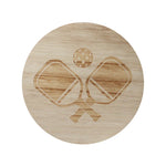 Carved wood lid with pickleball rackets and ball