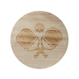 Carved wood lid with pickleball rackets and ball