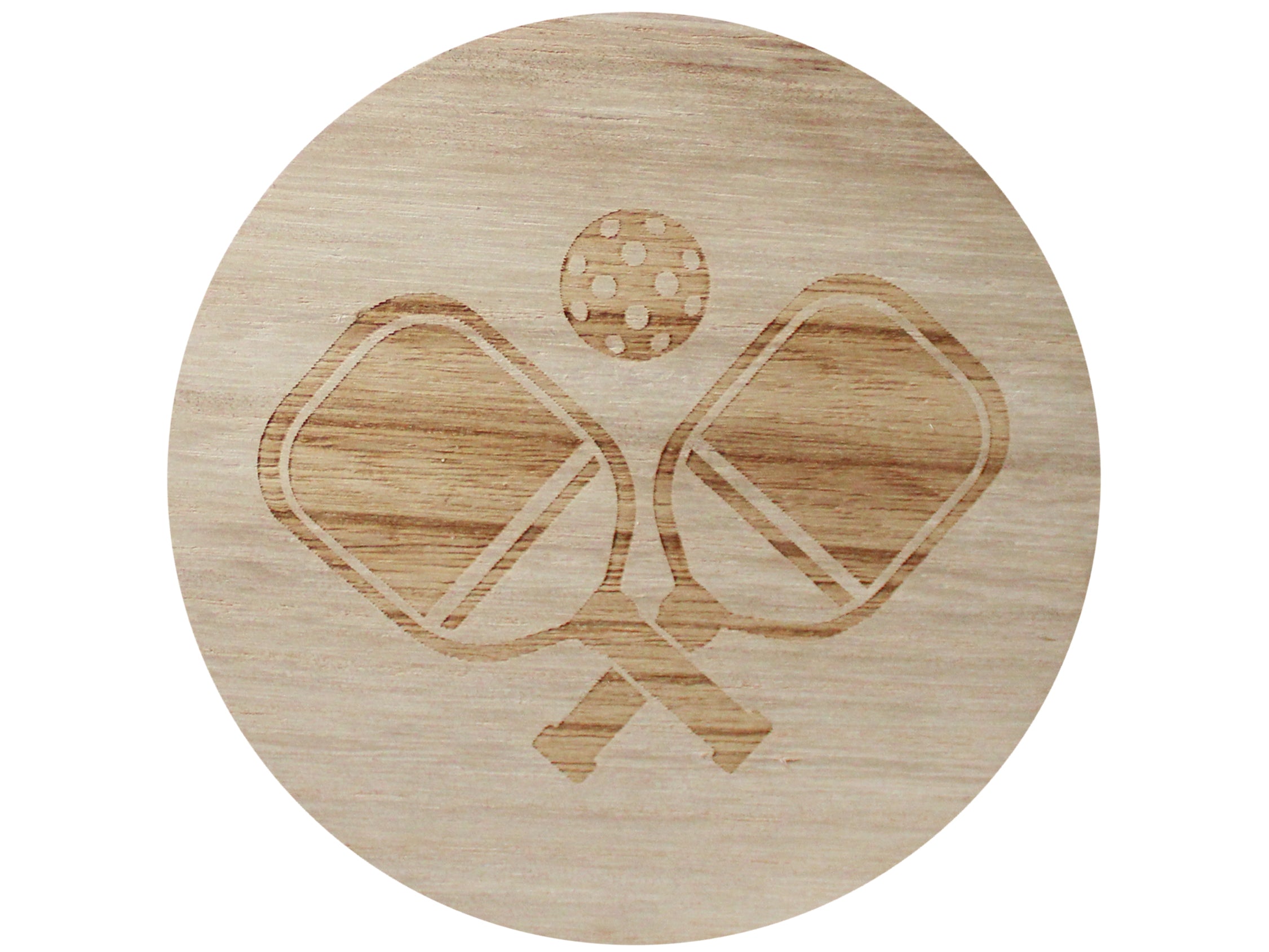 Carved wood lid with pickleball rackets and ball