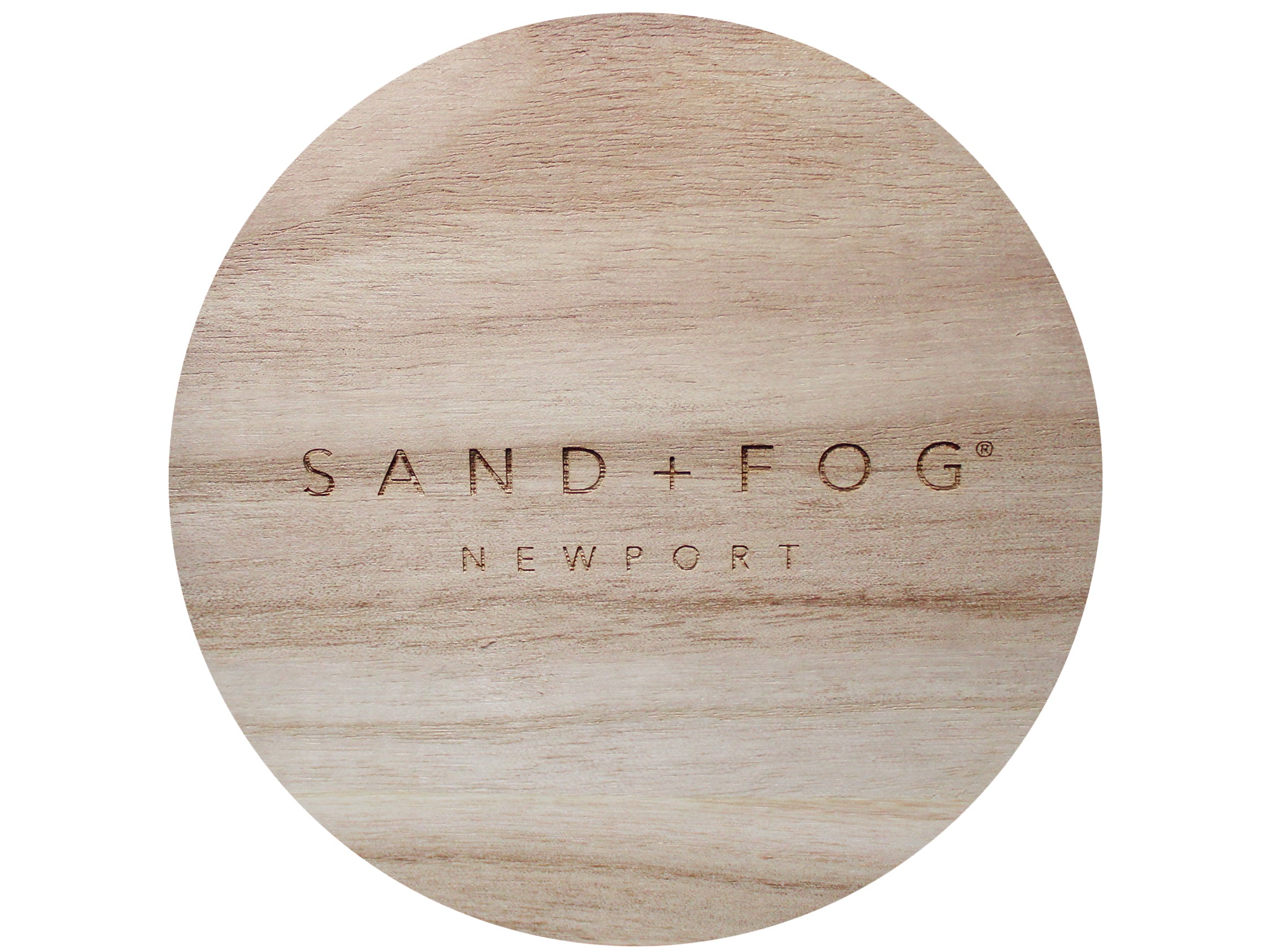 Wood lid with "Sand + Fog Newport" carved