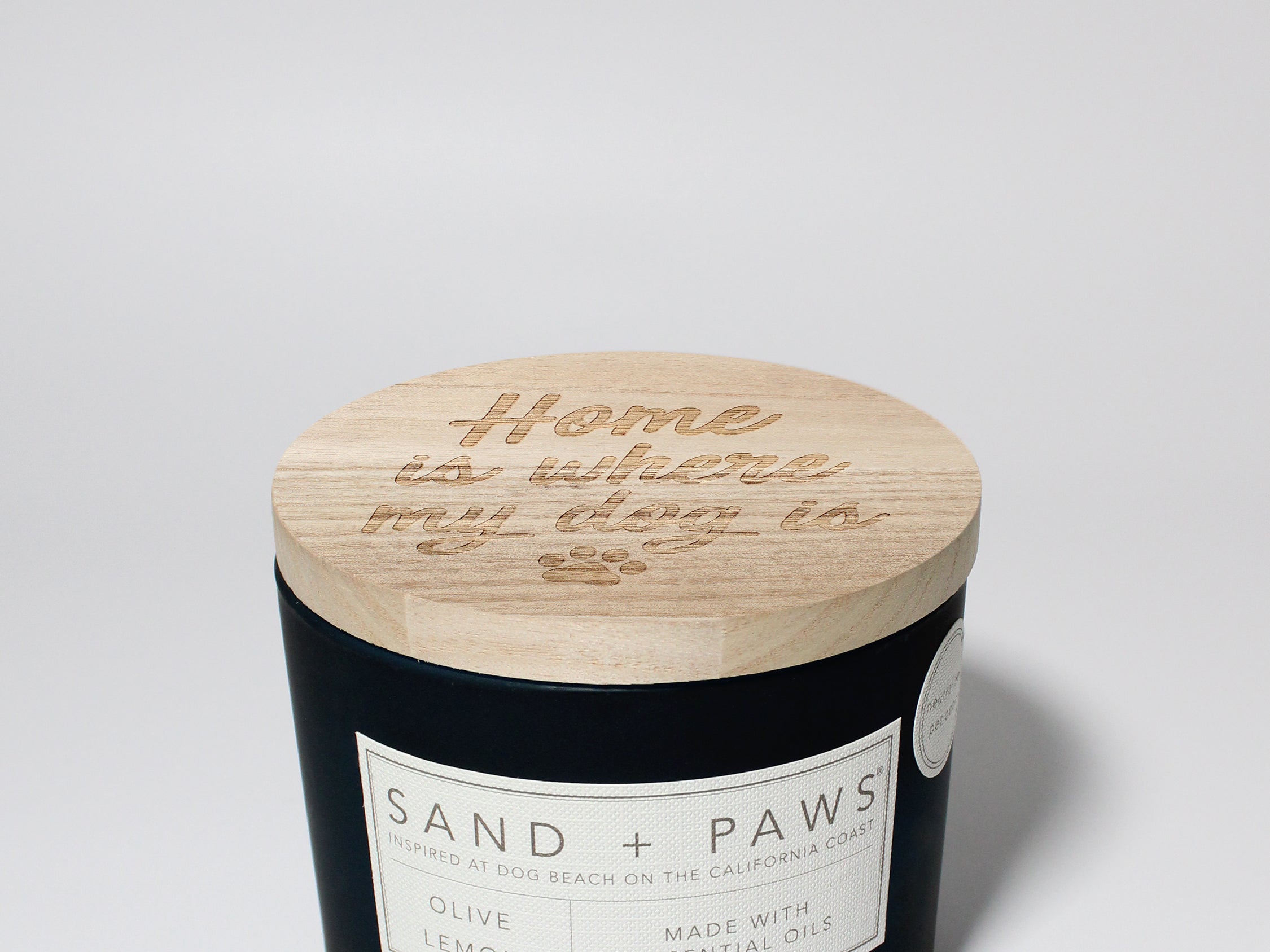 Sand + Paws Olive Lemon 12 oz scented candle Navy Vessel with Home is where my dog is lid