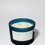 Sand + Paws Olive Lemon 12 oz scented candle Navy Vessel with Home is where my dog is lid
