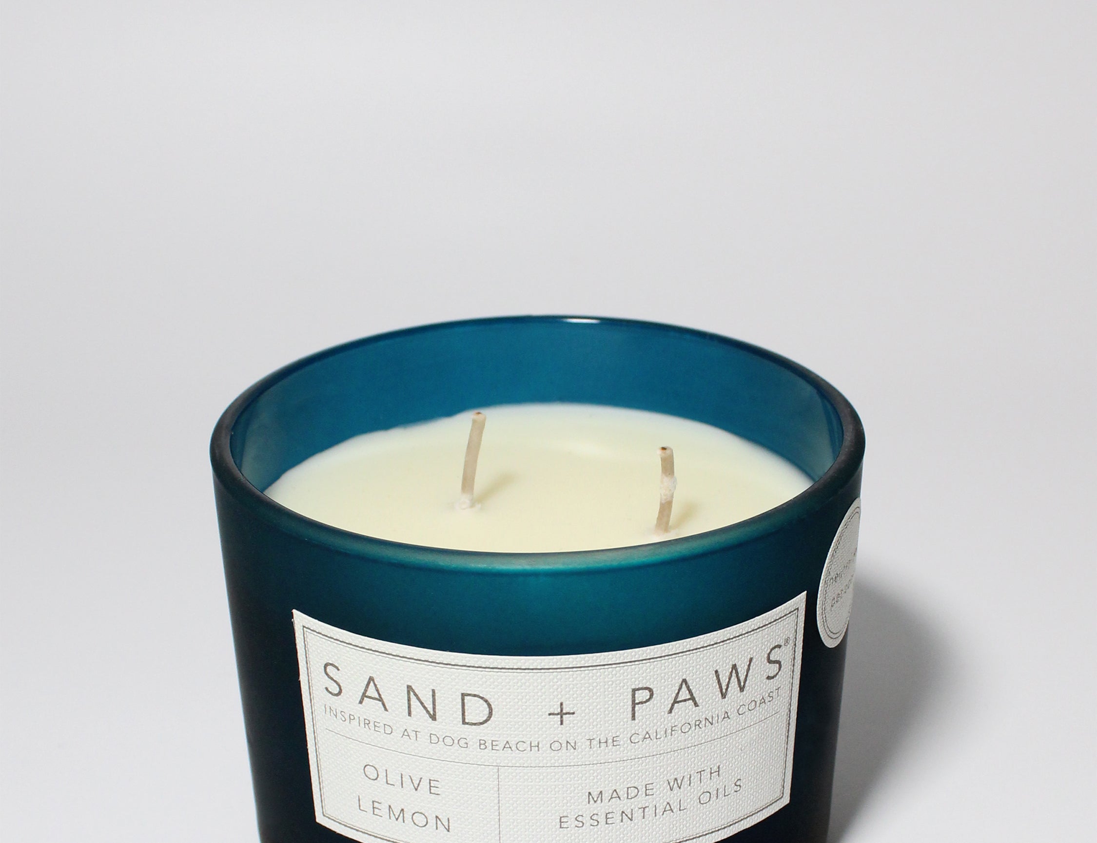 Sand + Paws Olive Lemon 12 oz scented candle Navy Vessel with Home is where my dog is lid