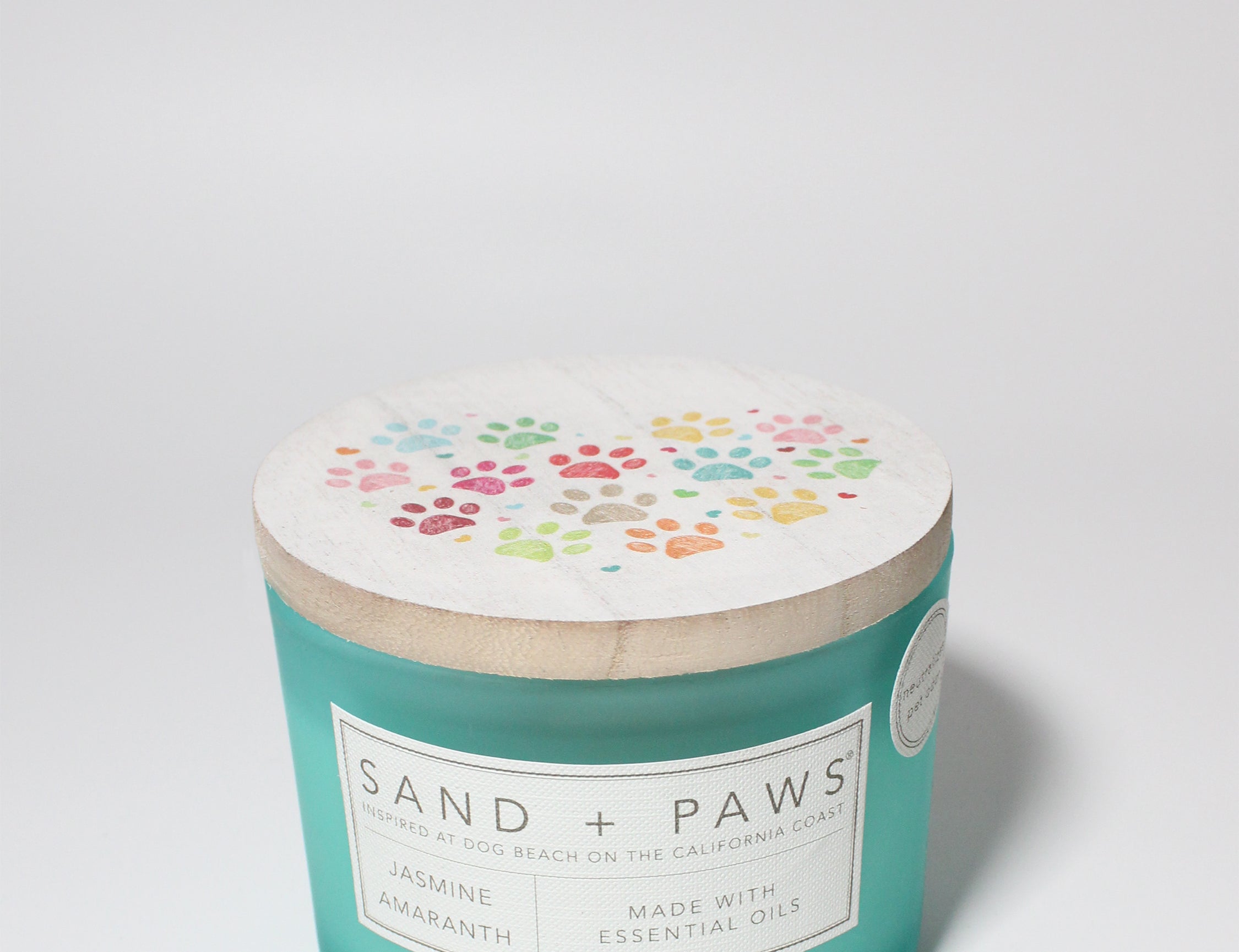 Sand + Paws Jasmine Amaranth 12 oz scented candle Coast vessel with Painted Pawprints heart