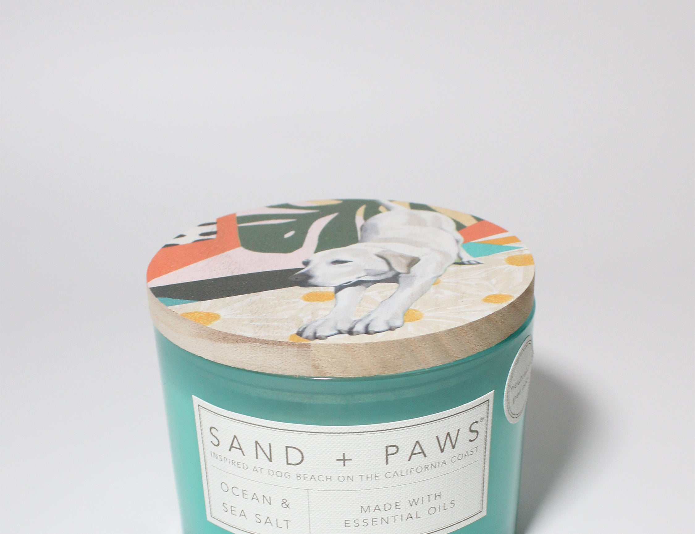 Sand + Paws Ocean & Sea Salt 12 oz scented candle Fiji vessel with Painted Labrador lid
