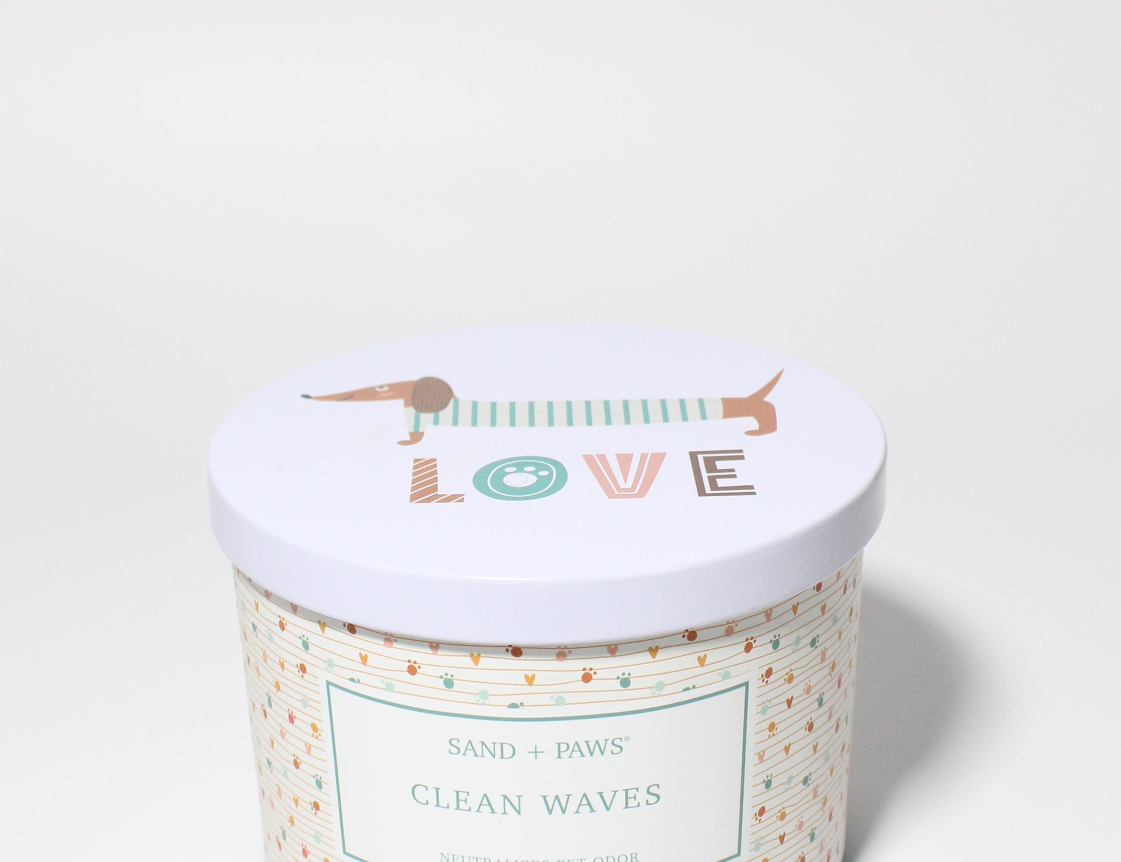 Sand + Paws Clean Waves 12 oz scented candle Wrap print vessel with LOVE Dachshund lid