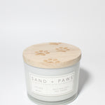 Sand + Paws Ocean Mist 12 oz scented candle White vessel with Carved Paw Print lid