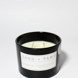 Sand + Paws Teakwood 12 oz scented candle Black vessel with Carved I ruff you lid