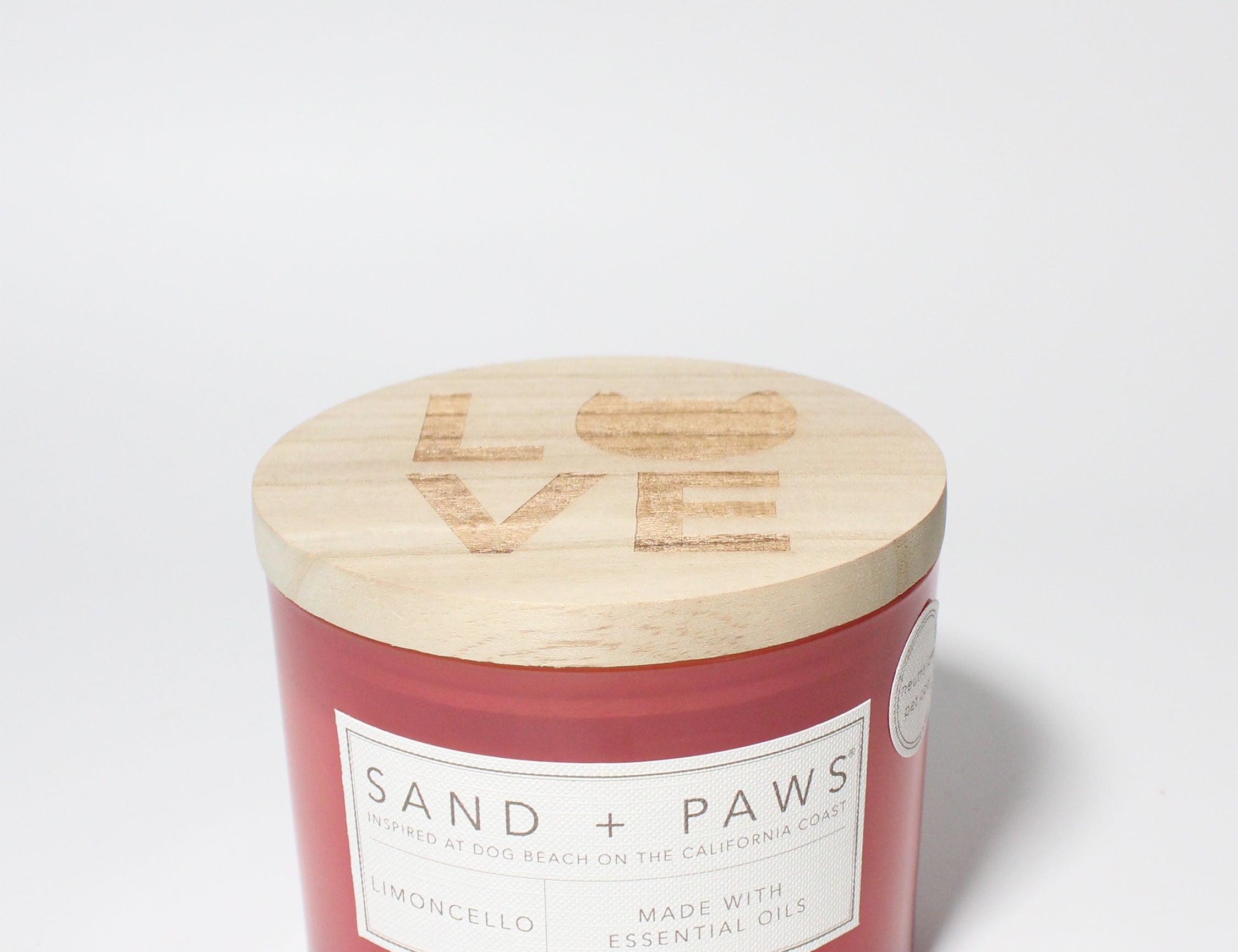 Sand + Paws Limoncello 12 oz scented candle Hibiscus vessel with (Cat) Love carved lid