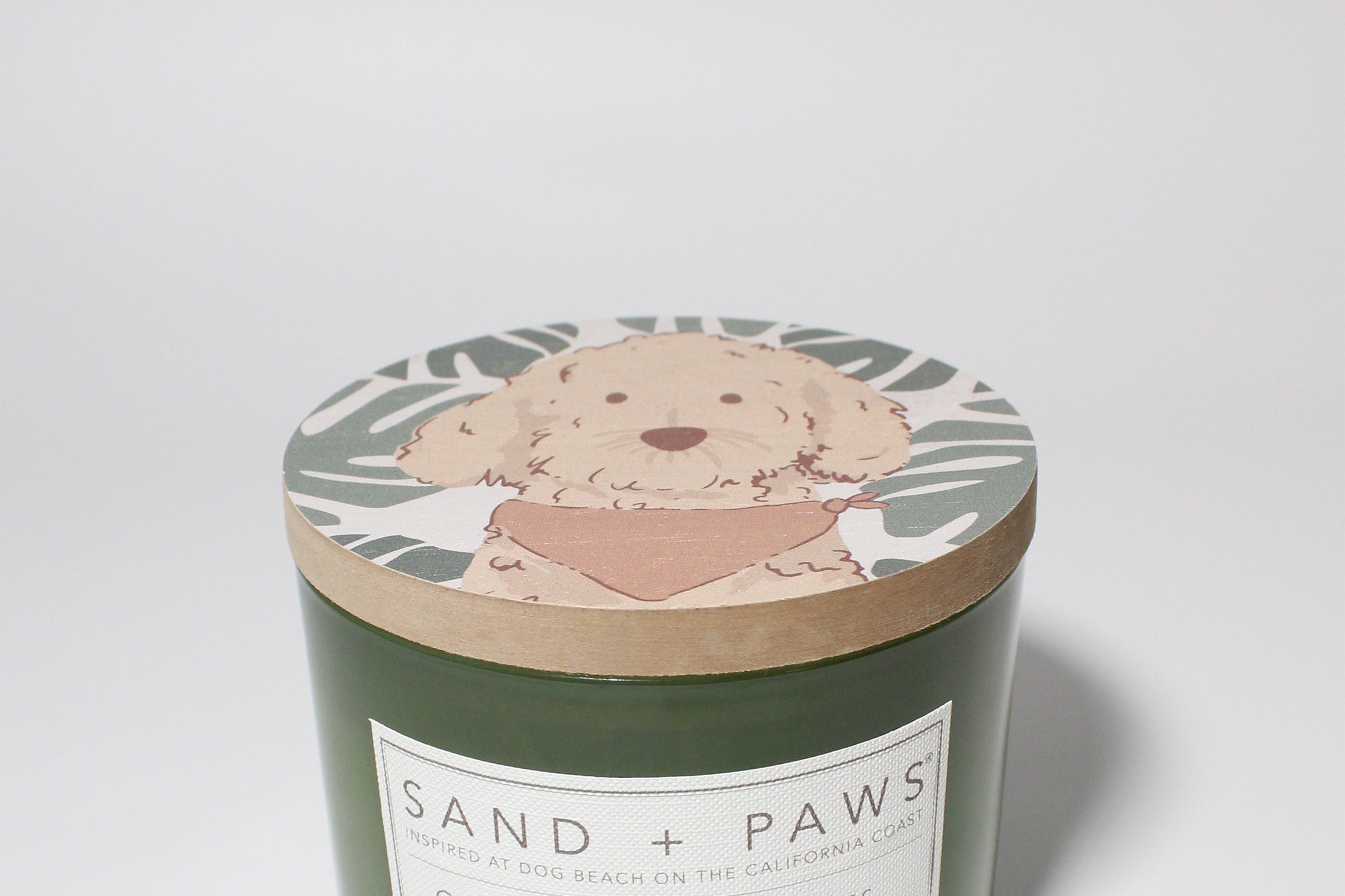 Sand + Paws Clean Waves 12 oz scented candle Kale vessel with Golden Doodle painted lid