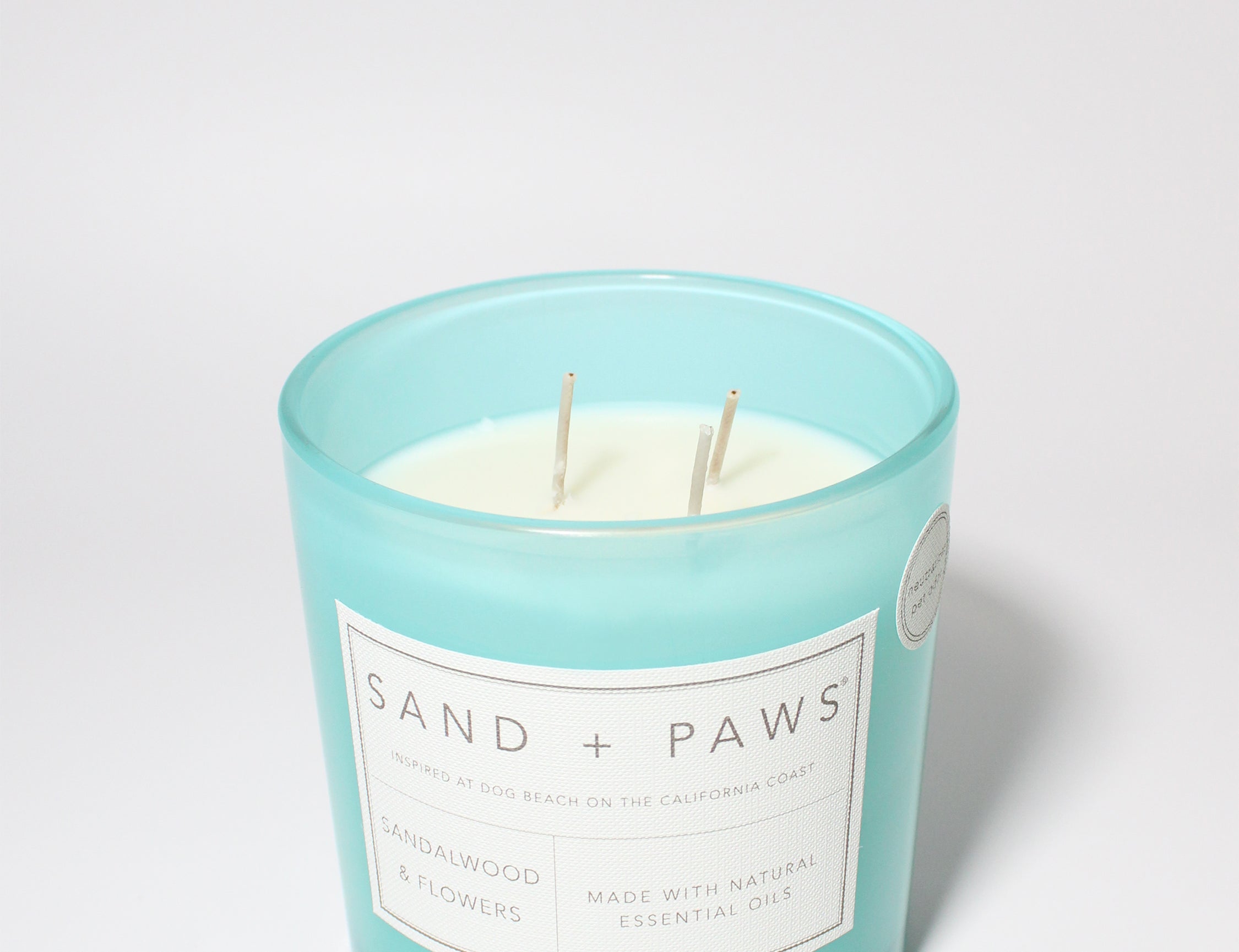 Sand + Paws Sandalwood & Flowers 21 oz scented candle Coast vessel with You had me at Woof carved lid