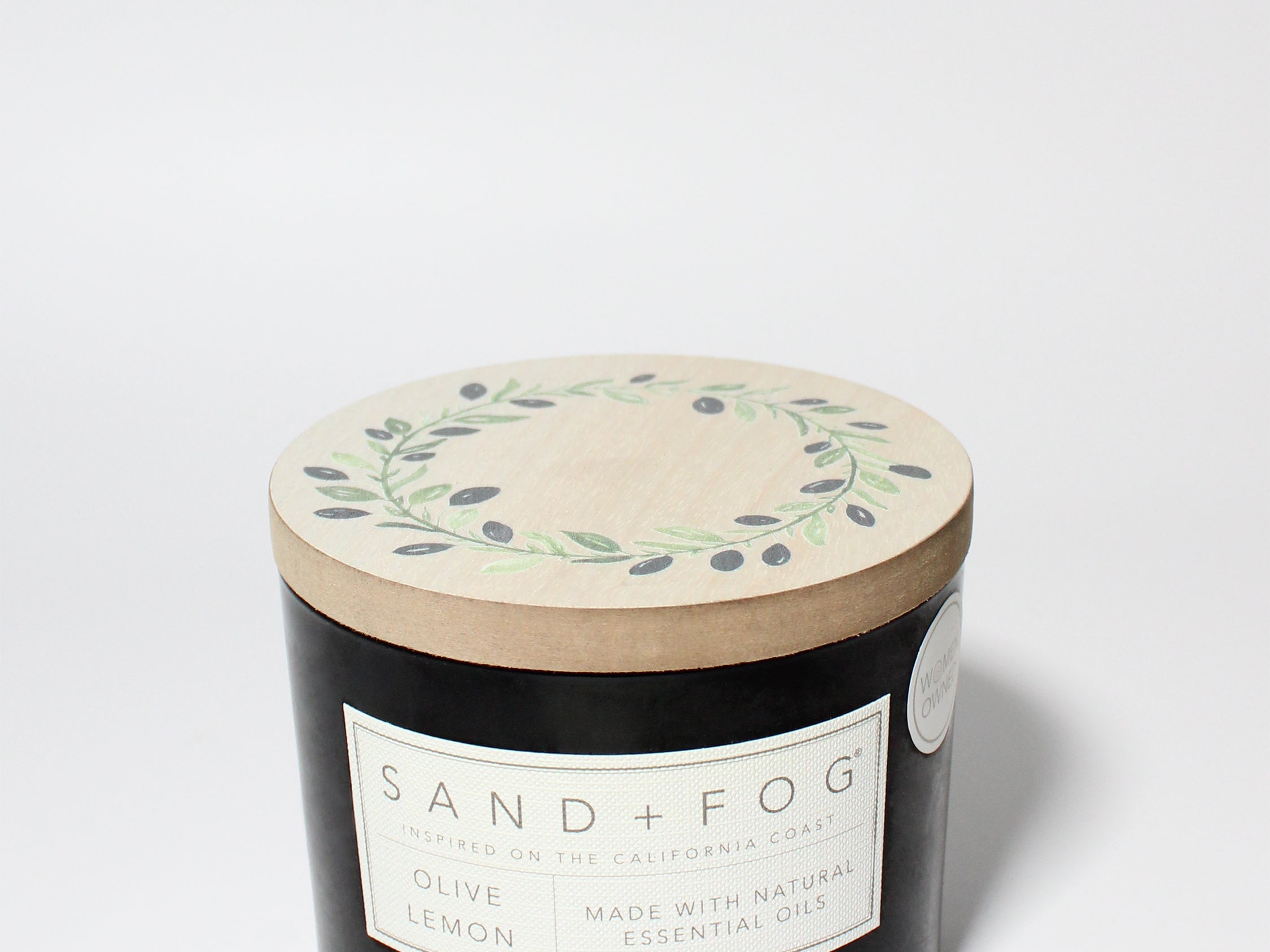 Olive Lemon 12 oz scented candle Black vessel with Olive Wreath lid