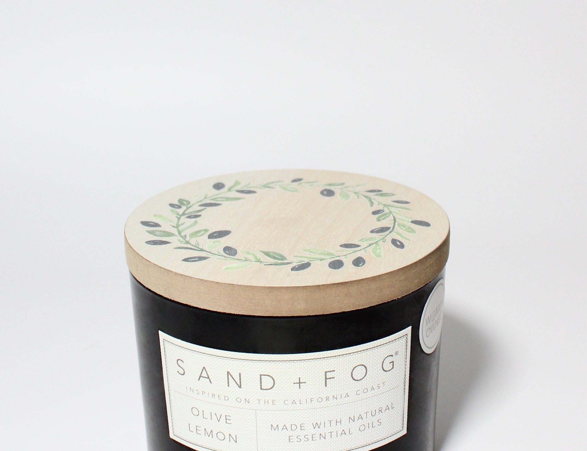 Olive Lemon 12 oz scented candle Black vessel with Olive Wreath lid