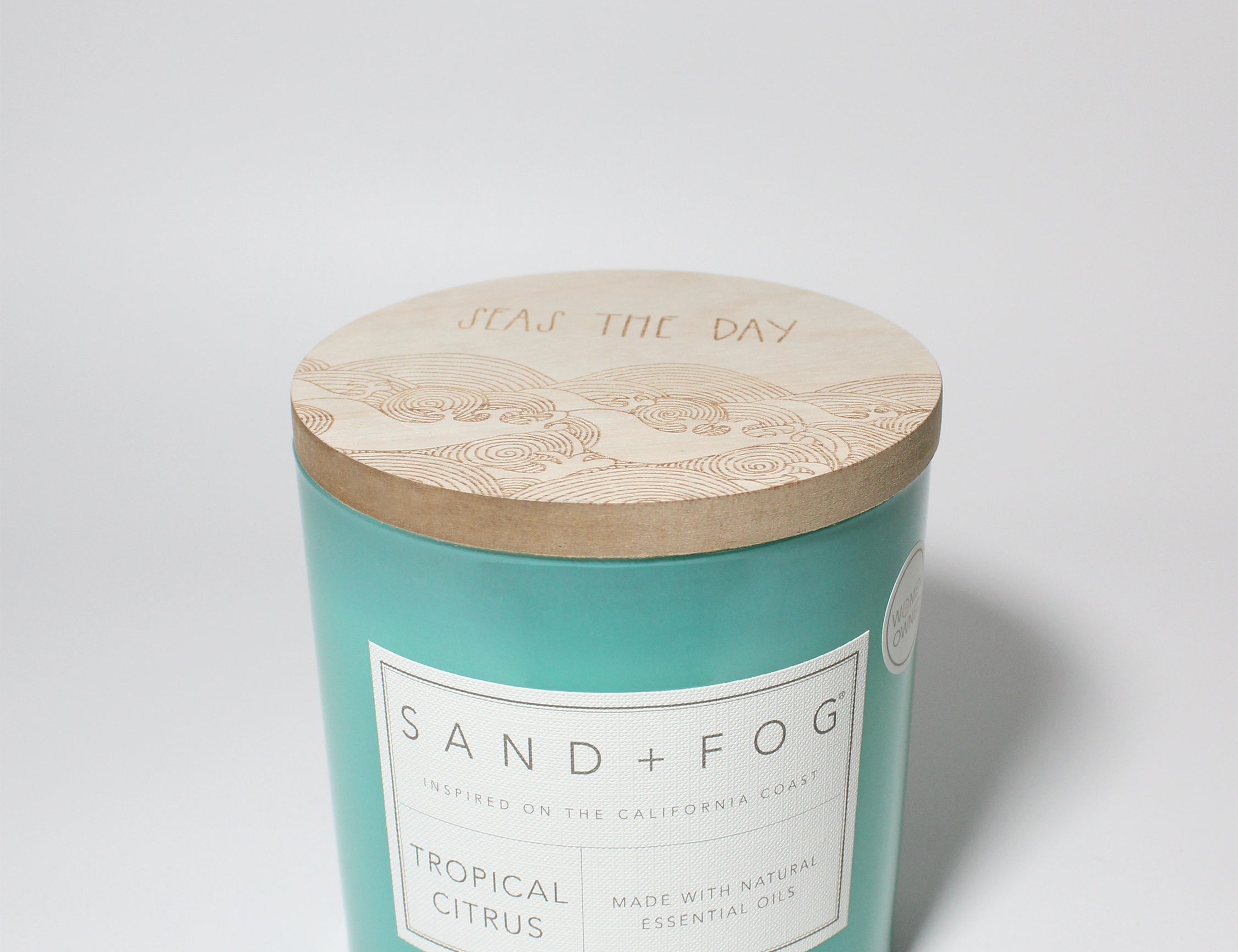 Tropical Citrus 21 oz Scented Candle Aqua vessel with Carved Seas The Day lid