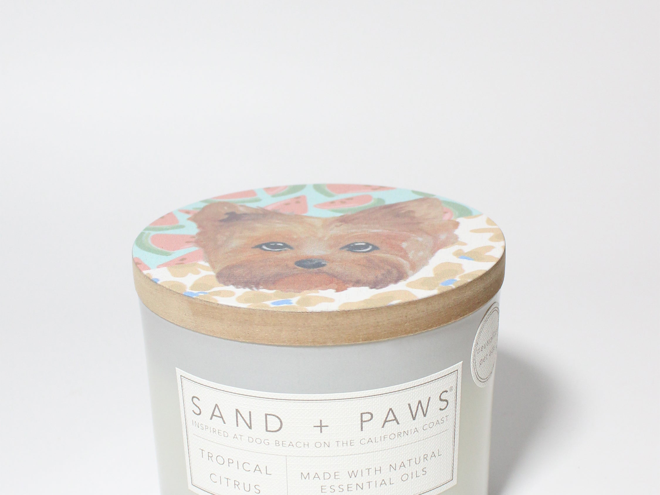 Sand + Paws Tropical Citrus 12 oz scented candle White vessel with Terrier painted lid