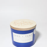 Sand + Paws Sage & Sea Salt 12 oz scented candle Cobalt vessel with Hug your Cat Lid