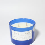 Sand + Paws Sage & Sea Salt 12 oz scented candle Cobalt vessel with Hug your Cat Lid