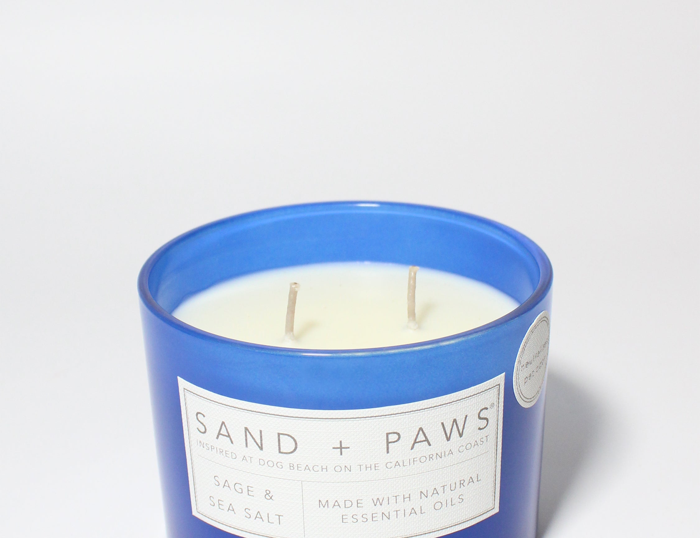 Sand + Paws Sage & Sea Salt 12 oz scented candle Cobalt vessel with Hug your Cat Lid