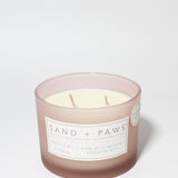 Sand + Paws Tropical Citrus 12 oz scented candle Pink vessel with Love is a four legged word Lid
