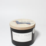 Sand + Paws Cedar Lavender 12 oz scented candle Black vessel with painted Daschund "Long Day?" lid