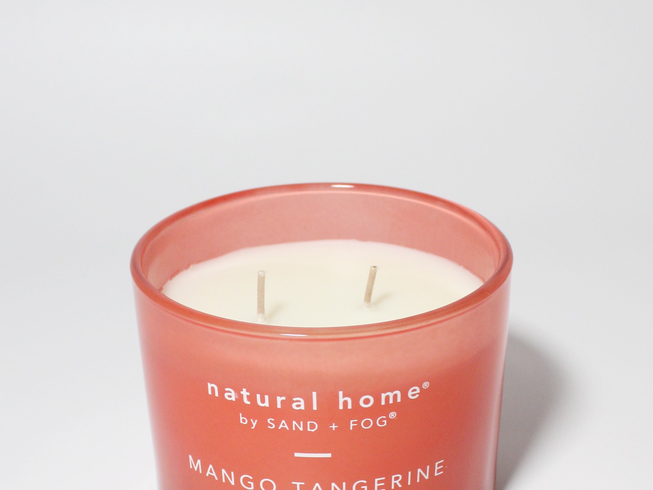 Mango Tangerine Natural Home 11.5 oz scented candle Coral vessel with solid wood lid and two wicks