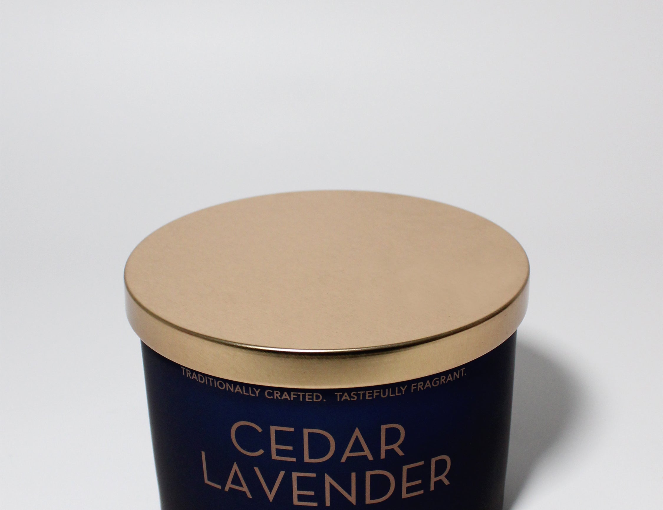 Cedar Lavender 12 oz scented candle Blue vessel with Copper Metal lid
