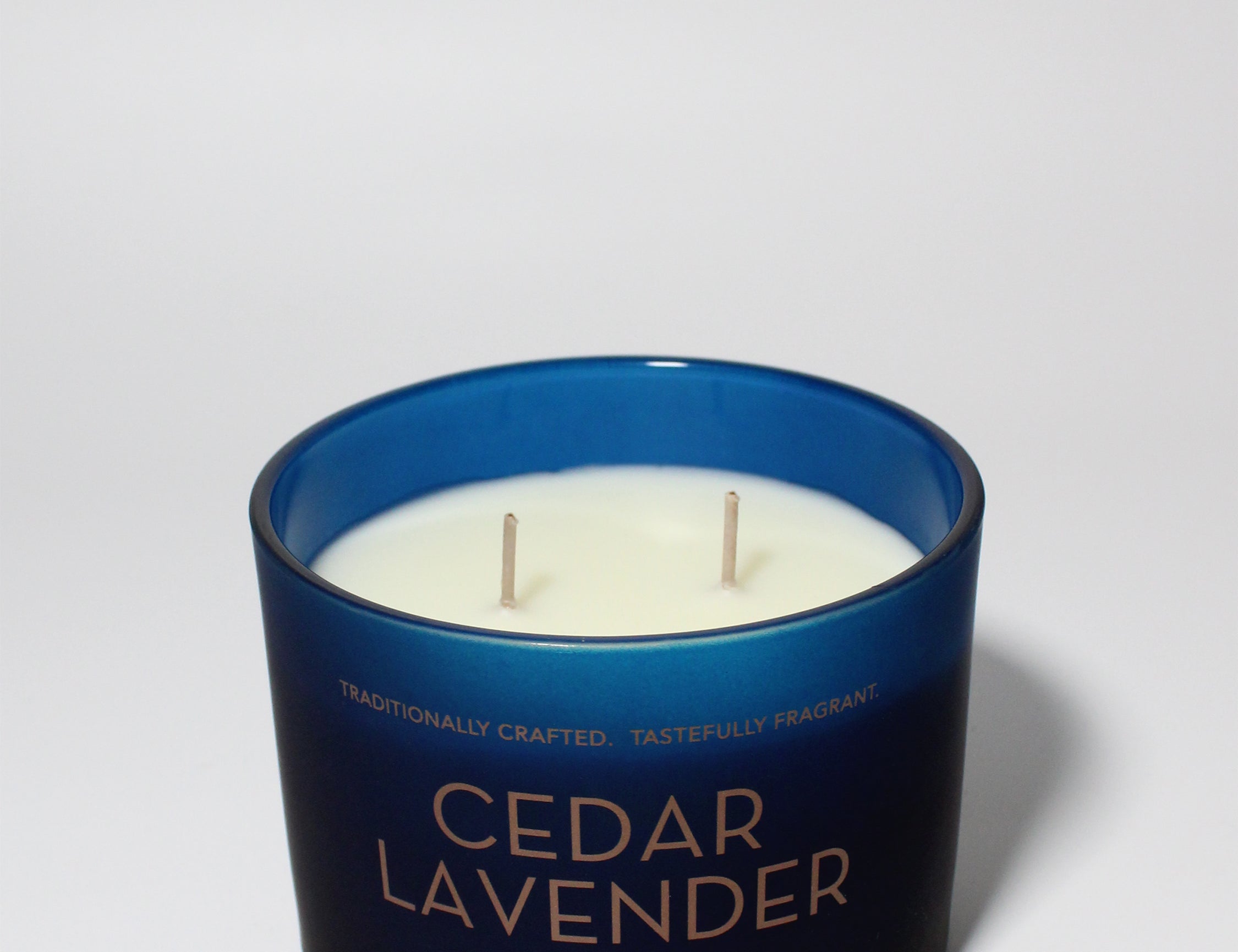Cedar Lavender 12 oz scented candle Blue vessel with Copper Metal lid
