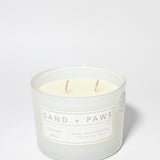 Sand + Paws Ocean Mist 12 oz scented candle White vessel with Painted Cat Grid lid