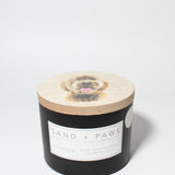 Sand + Paws Teakwood 12 oz scented candle Black vessel with Painted Doodle lid