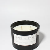 Sand + Paws Teakwood 12 oz scented candle Black vessel with Painted Doodle lid