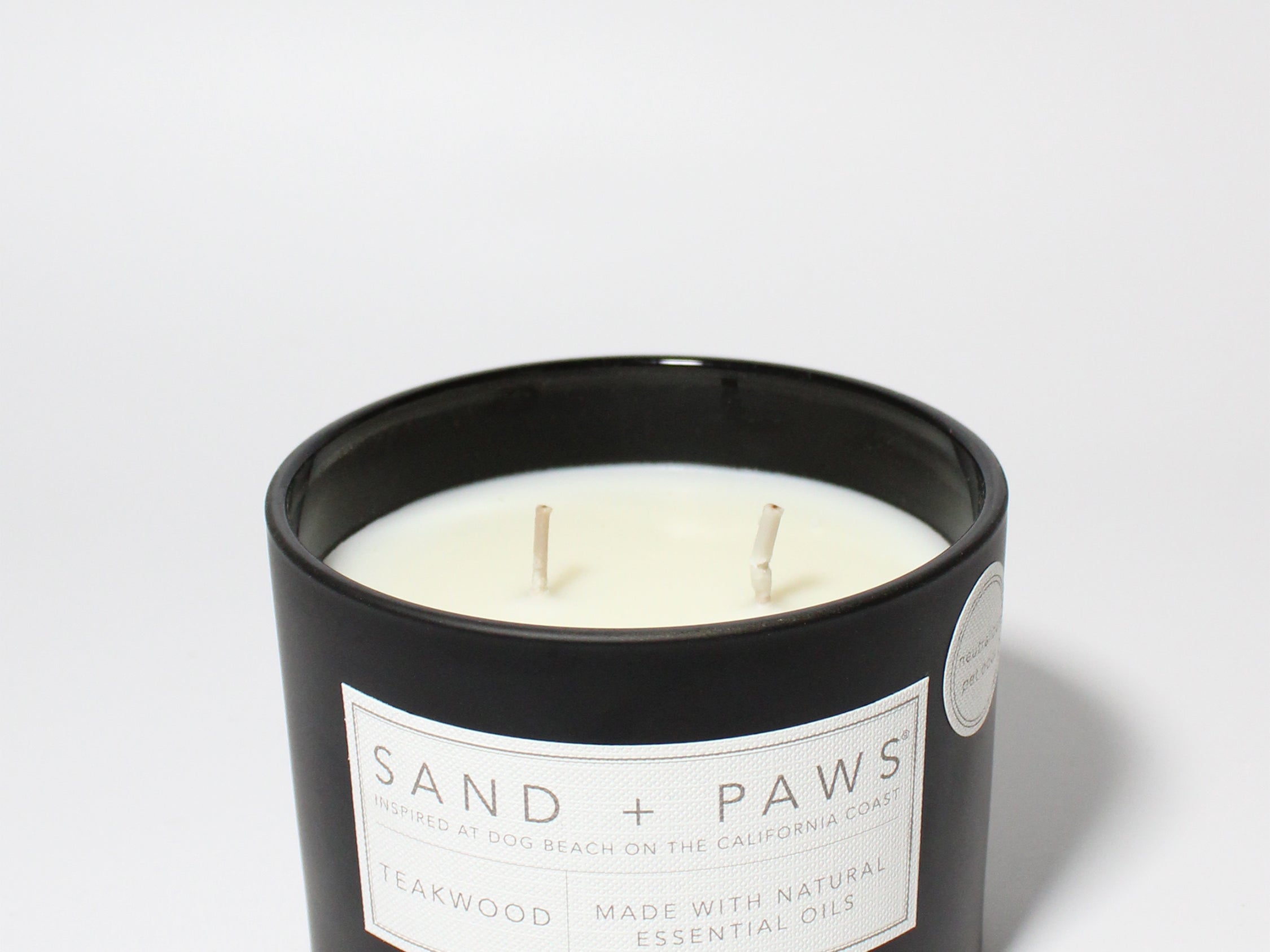 Sand + Paws Teakwood 12 oz scented candle Black vessel with Painted Doodle lid