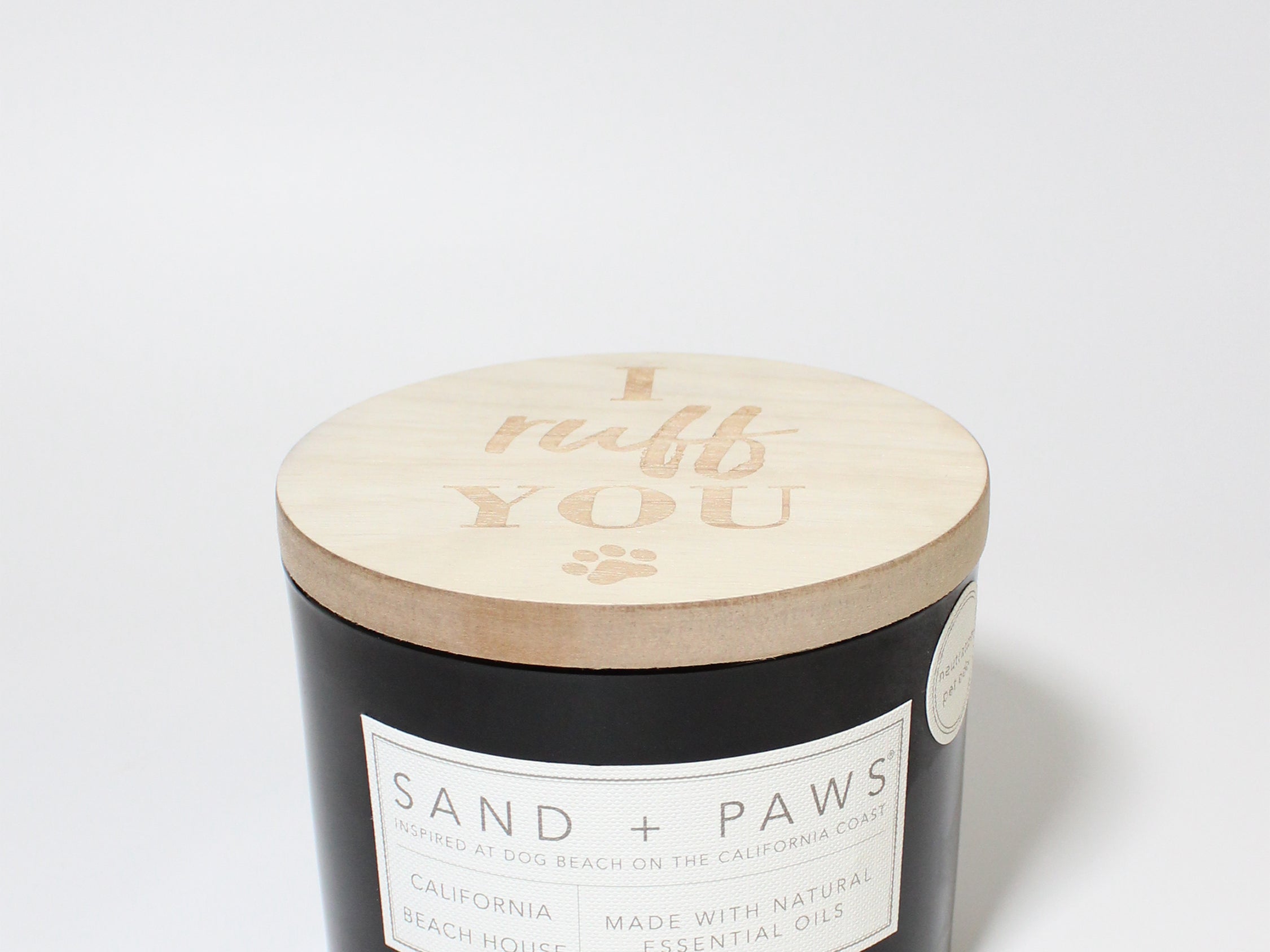 Sand + Paws California Beach House 12 oz scented candle Black vessel with I ruff you lid