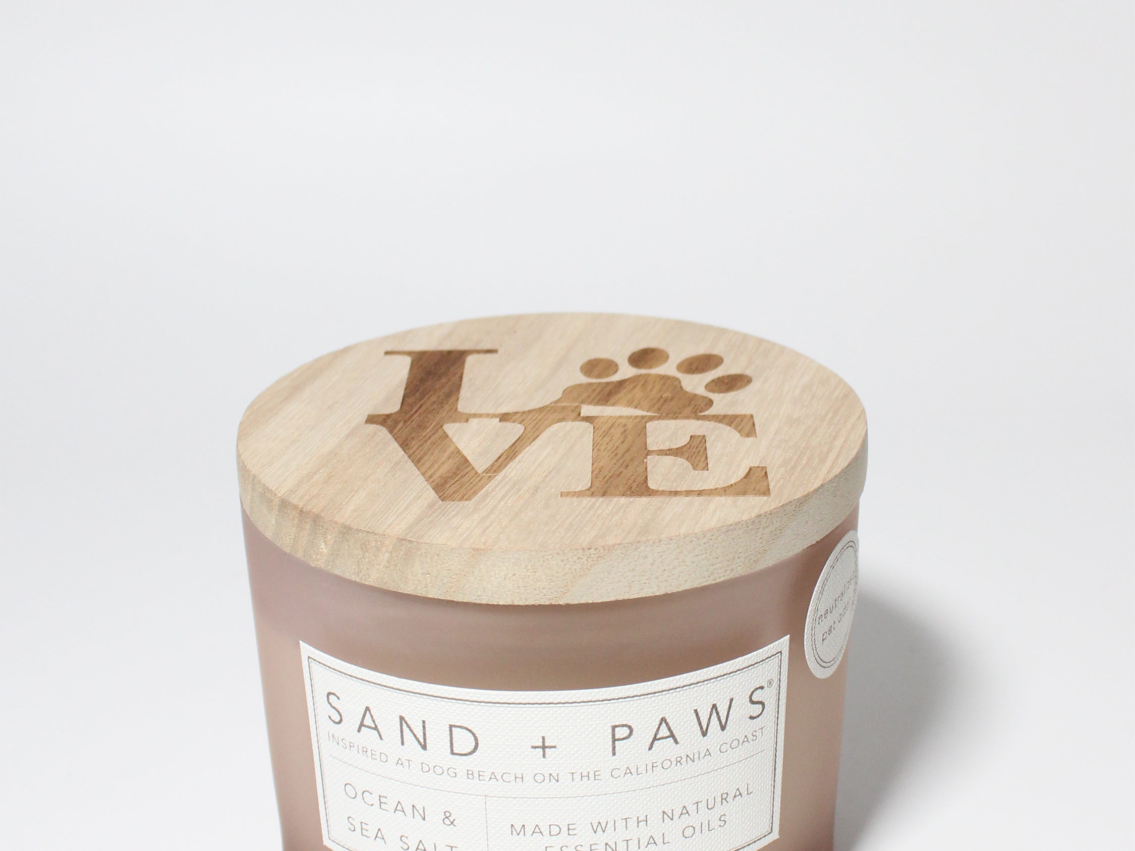 Sand + Paws Ocean & Sea Salt 12 oz scented candle White Vessel with Carved LOVE Lid