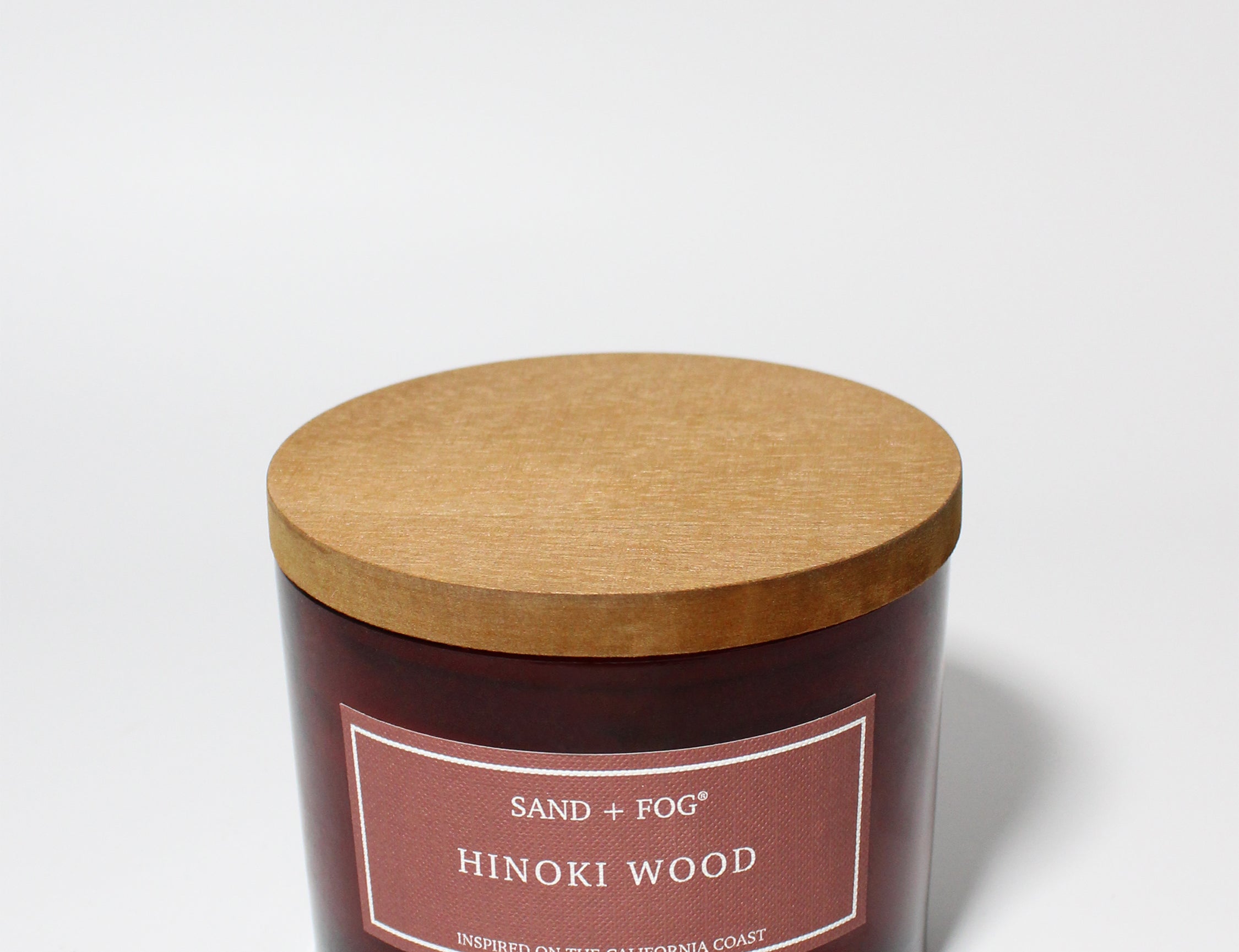 Hinoki Woods 12 oz scented candle Red Vessel with Solid Wood lid