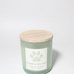 Sand + Paws Ocean & Sea Salt 12 oz scented candle Sage vessel with wood lid and One Wick