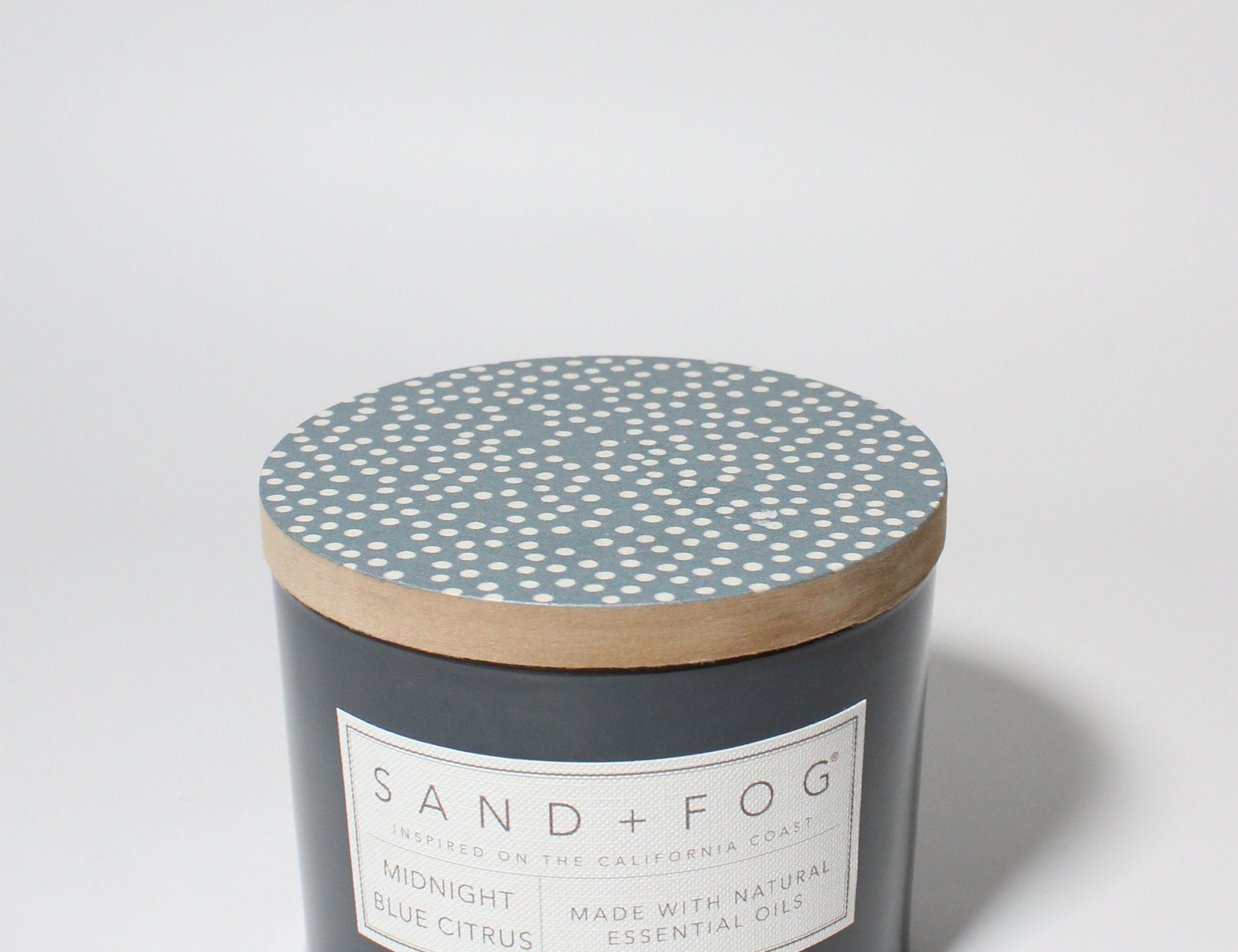 Midnight Blue Citrus 12 oz scented candle Blueish Gray vessel with Painted Dot lid